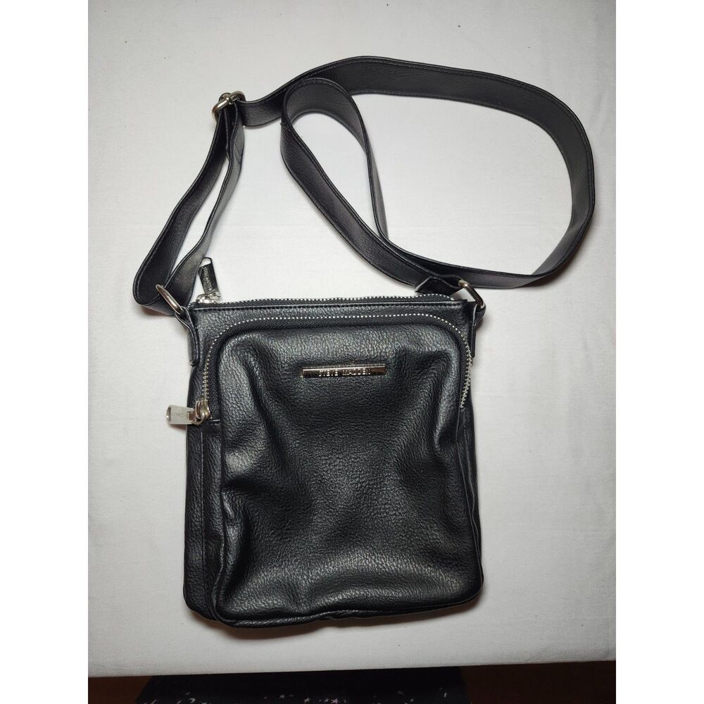 Steve Madden Messenger Black Silver Crossbody Minimalist Multi-Zip